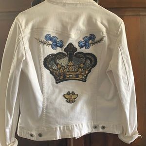 White jean jacket  vintage Levi , unique patches , blue /gold sequin crown